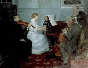 CÃ©sar-Auguste Franck (in piedi vicino al piano) con la futura moglie (al piano).De Agostini Picture Library/J. L. Charmet