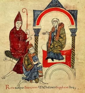 Enrico IV inginocchiato tra Matilde e Gregorio VII durante la sua penitenza a Canossa (miniatura del sec. XII; Roma, Biblioteca Vaticana).Roma, Biblioteca Vaticana