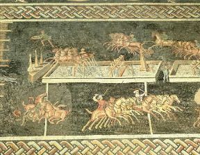Ippica . Una corsa ippica raffigurata in un mosaico romano del sec. II d. C. (Lione, Museo Gallo-Romano).De Agostini Picture Library/G. Dagli Orti