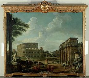 Italia . Il Colosseo e l'Arco di Costantino in un dipinto di Gian Paolo Panini (Collezione Privata).Collezione Privata