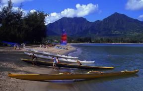 Hawaii. Imbarcazioni tradizionali in una spiaggia dell'isola di Kauai.De Agostini Picture Library / G. SioÃ«n
