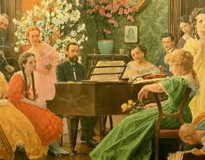 Bedrich Smetana in un dipinto del sec. XIX, raffigurato mentre intrattiene i suoi amici suonando il pianoforte (Praga, Archivio B. Smetana).De Agostini Picture Library/A. Dagli Orti