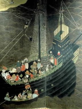 Giappone. Particolare di un paravento raffigurante una nave mercantile portoghese in un porto giapponese (Lisbona, Museu de Arte Antiga).De Agostini Picture Library/G. Dagli Orti