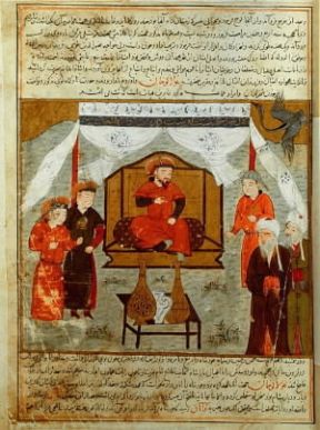 Mongoli. Hulagu sul trono (1256-1265); miniatura del sec. XIII.Parigi, BibliothÃ¨que Nationale