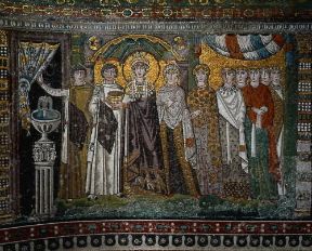 Bizantino. Particolare di un mosaico nell'abside della chiesa di S. Vitale a Ravenna, raffigurante l'imperatrice Teodora e la sua corte.De Agostini Picture Library/A. Dagli Orti