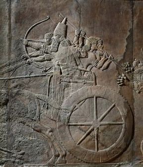 Assiria. Particolare di un bassorilievo raffigurante Assurbanipal nella caccia ai leoni, sec. VII a. C. (Londra, British Museum).De Agostini Picture Library / G. Dagli Orti