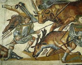 Caccia. Mosaico romano del sec. IV d. C. con scena di caccia (Roma, Galleria Borghese).De Agostini Picture Library/G. Dagli Orti