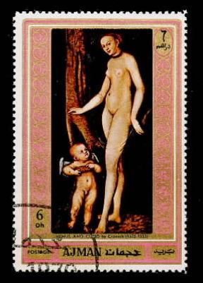 Francobollo dell'emirato arabo Ajman che raffigura Venere e Cupido di Cranach.De Agostini Picture Library/A. Dagli Orti
