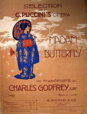 Giacomo Puccini. Frontespizio della trascrizione per pianoforte di C. Godfrey della Madame Butterfly.De Agostini Picture Library/A. Dagli Orti
