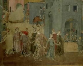 Ambrogio Lorenzetti. Corte di donne danzanti, particolare degli affreschi con le Allegorie ed Effetti del Buono e del Cattivo Governo in cittÃ  e nel contado (Siena, Palazzo Pubblico).