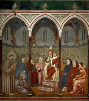 Onorio III ascolta San Francesco in un affresco di Giotto (Assisi, Chiesa superiore di S. Francesco).De Agostini Picture Library/G. Dagli Orti