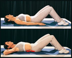 Esercizio per il busto. Movimenti per il busto dalla posizione supina. Contrazione dei muscoli della parte bassa della schiena.