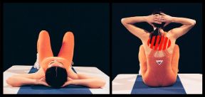 Esercizio per il busto. Movimenti per il busto dalla posizione sdraiata e in quadrupedia. Contrazione dei muscoli della parte alta della schiena.