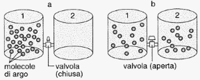 Figura 2.1 In a il recipiente 1 contiene molecole di argo, mentre il recipiente 2 è vuoto:
se si apre la valvola tra i due recipienti (b), parte delle molecole
di argo passano nel recipiente 2; l’entropia del sistema aumenta, perché
le molecole del gas fluendo si sono disperse, passando a uno stato di maggiore disordine.