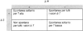 Figura 13.1 Effetti del segno di Δ H e Δ S sulla spontaneità di una trasformazione.