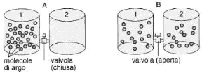 Figura 14.4 In A il recipiente 1 contiene le molecole di un gas (per esempio, argo), mentre il recipiente 2 è vuoto. Aprendo la valvola (B), parte delle molecole si trasferisce nel secondo recipiente e il sistema passa a uno stato di maggiore disordine.
