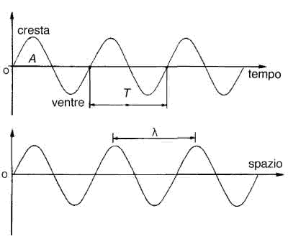 Figura 20.2 Rappresentazione grafica di un'onda e delle sue caratteristiche principali; la lunghezza d'onda coincide con il percorso dell'onda in un tempo pari a un periodo.