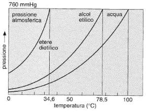 Figura 12.1 Variazione della tensione di vapore di tre liquidi in funzione della temperatura. Le temperature corrispondenti alle linee verticali sono quelle di ebollizione delle tre sostanze.