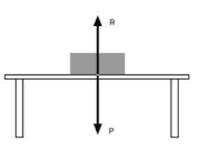 Figura 5.1 A: il principio di azione e reazione giustifica questa situazione di equilibrio in termini di un esatto bilanciarsi tra la forza peso P dell'oggetto e la reazione R uguale e contraria del tavolo P = ­ R.