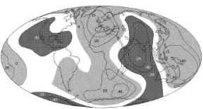 Figura 5.1 La forma della Terra: il geoide e l'ellissoide non coincidono perfettamente (le aree grigio chiaro rappresentano le elevazioni del geoide rispetto all'elissoide; le aree grigio scuro, le depressioni),