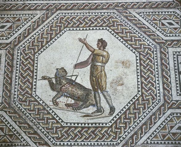 Gladiatori, mosaico in Germania Germania, dintorni di Treviri. Nennig, villa romana. Mosaico pavimentale con medaglioni con scene di combattimento tra gladiatori nell'arena di Augusta Treverorum. Particolare: pantera e lanciatore di giavellotto. II-III secolo. 