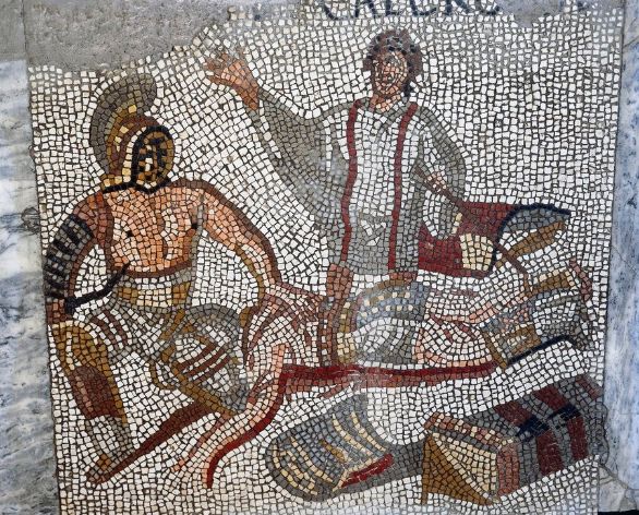 Gladiatori, mosaico in villa romana di Negrar Arte Romana, I secolo. Mosaico con gladiatori proveniente dalla Villa Romana di Negrar in Valpolicella 