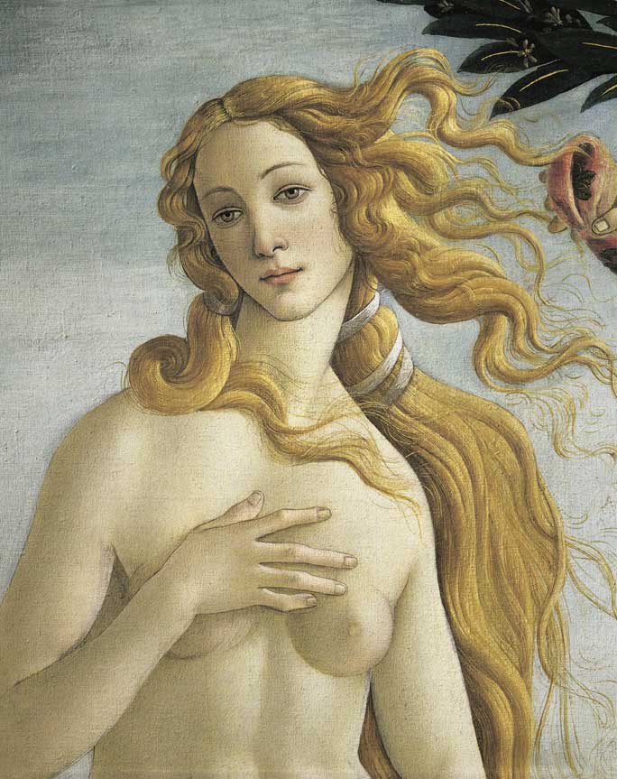 La nascita di Venere, particolare, Sandro Botticelli La nascita di Venere, particolare di Venere, 1482-1485, tempera su tavola di Sandro Botticelli (1445-1510).
© De Agostini Picture Library.