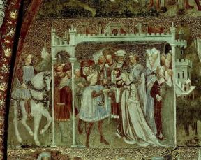 Italia . Autari chiede in sposa Teodolinda, dal ciclo di affreschi sulla vita della regina longobarda realizzato nel 1444 dagli Zavattari, nella Cappella di Teodolinda del duomo di Monza.De Agostini Picture Library Italia . Autari chiede in sposa Teodolinda, dal ciclo di affreschi sulla vita della regina longobarda realizzato nel 1444 dagli Zavattari, nella Cappella di Teodolinda del duomo di Monza.De Agostini Picture Library