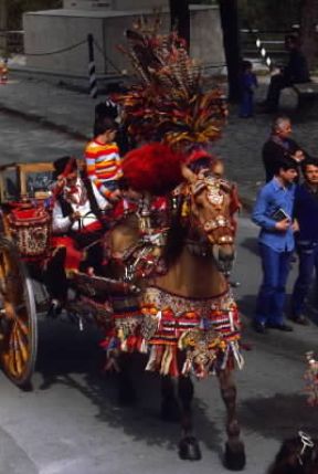 Sicilia . La sfilata di un carretto siciliano durante la festa di Primavera a San Martino delle Scale.De Agostini Picture Library/A. Vergani Sicilia . La sfilata di un carretto siciliano durante la festa di Primavera a San Martino delle Scale.De Agostini Picture Library/A. Vergani